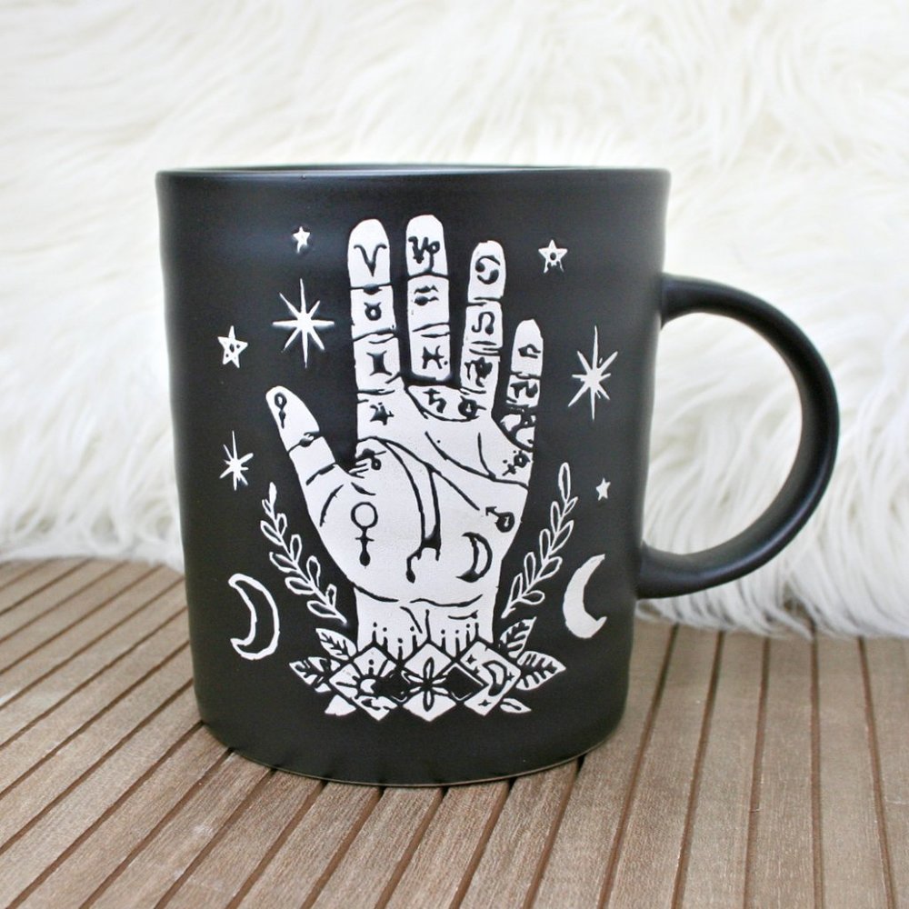 Celestial Hand Moon Stars Ceramic Coffee Tea Black Mug New